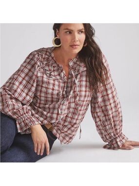 Anthropologie || Maeve Ruffled Plaid Buttondown Shirt Buttondown Top Blue Red 2X